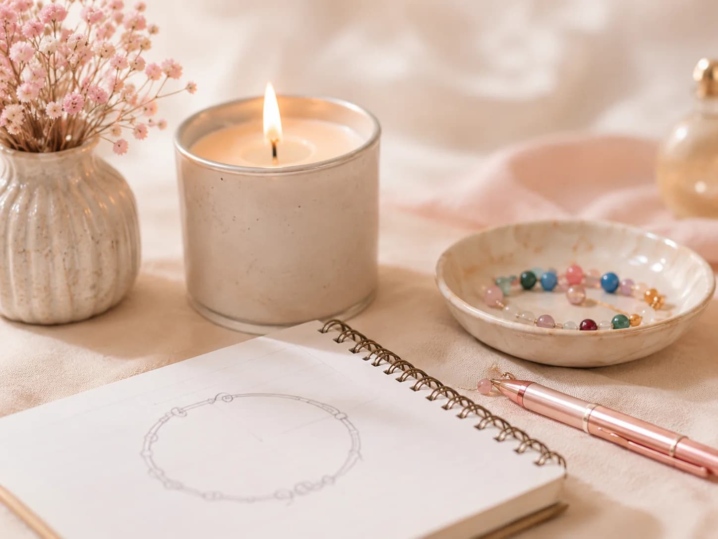 Still life with a lit candle, a small dish of pastel beads, dried flowers, and a sketchbook