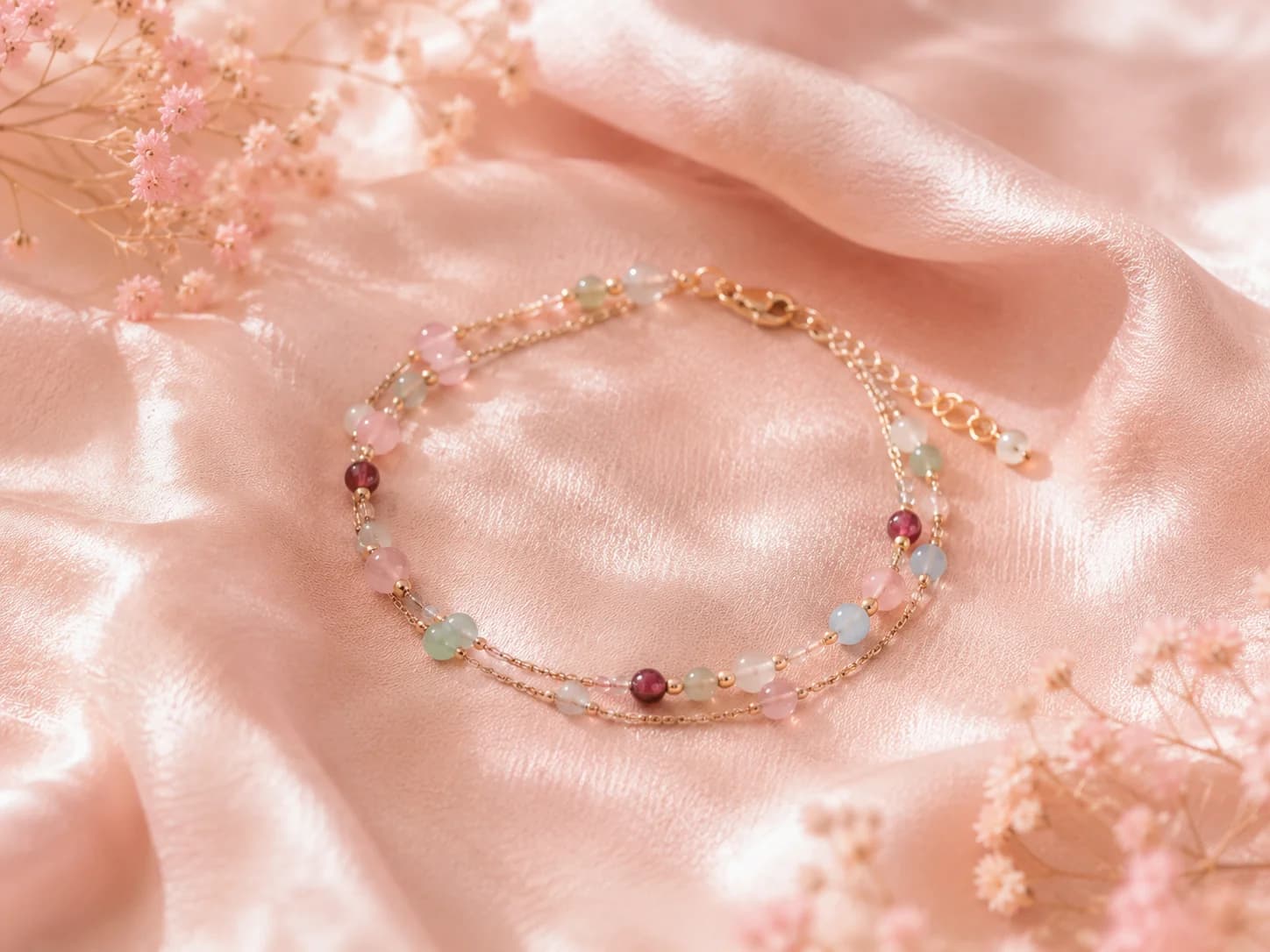 A delicate gold-and-bead bracelet laid on blush silk